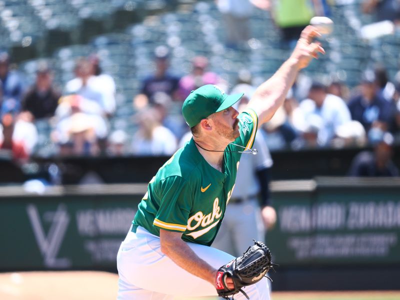 Jun 29, 2023; Oakland, California, USA; Oakland Athletics starting pitcher Hogan Harris (63) pitches the ball against the New York Yankees during the first inning at Oakland-Alameda County Coliseum. Mandatory Credit: Kelley L Cox-USA TODAY Sports