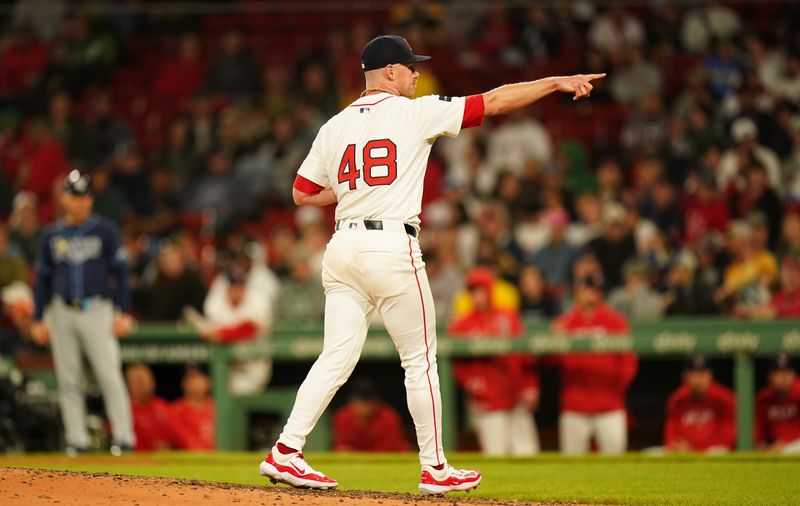 May 13, 2024; Boston, Massachusetts, USA; Boston Red Sox relief pitcher Chase Anderson (48) reacts after ending the top of the ninth inning with a strike out against the Tampa Bay Rays at Fenway Park. Mandatory Credit: David Butler II-USA TODAY Sports