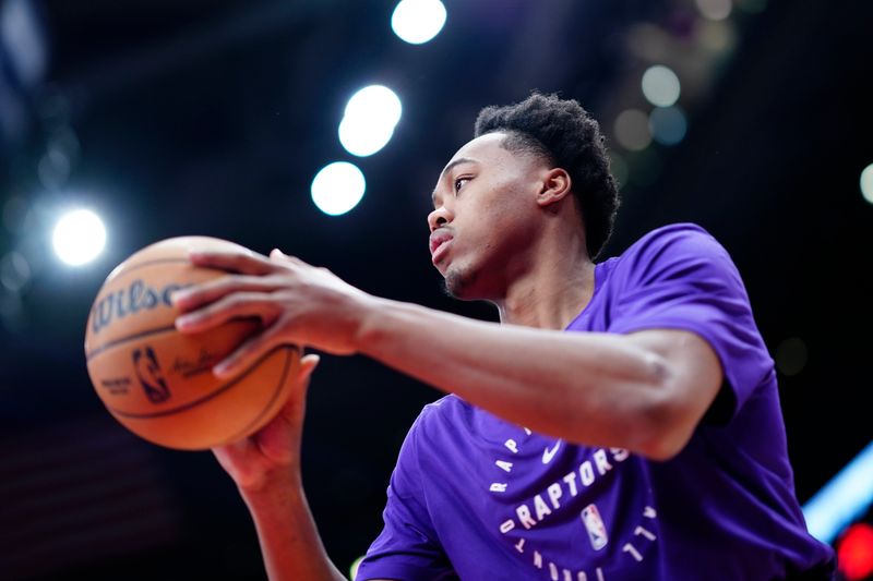 TORONTO, CANADA - OCTOBER 23: Scottie Barnes #4 of the Toronto Raptors warms up before the game against the Cleveland Cavaliers on October 23, 2024 at the Scotiabank Arena in Toronto, Ontario, Canada.  NOTE TO USER: User expressly acknowledges and agrees that, by downloading and or using this Photograph, user is consenting to the terms and conditions of the Getty Images License Agreement.  Mandatory Copyright Notice: Copyright 2024 NBAE (Photo by Mark Blinch/NBAE via Getty Images)