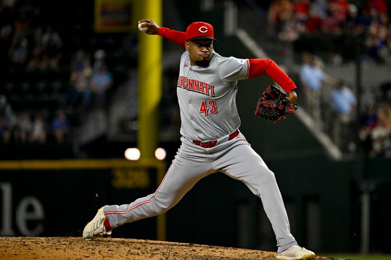 Apr 27, 2024; Arlington, Texas, USA; Cincinnati Reds relief pitcher Alexis Diaz (43) pitches against the Texas Rangers during the ninth inning at Globe Life Field. Mandatory Credit: Jerome Miron-USA TODAY Sports