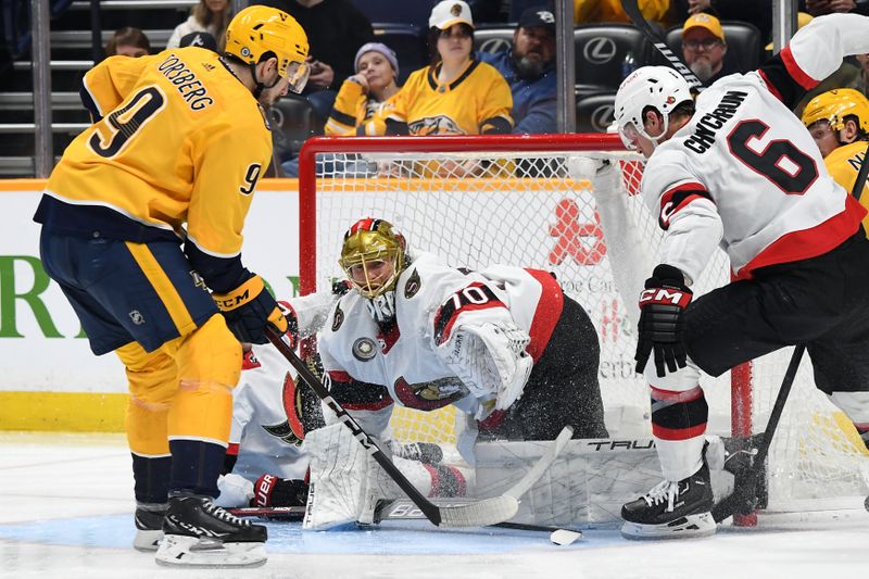 Feb 27, 2024; Nashville, Tennessee, USA; Ottawa Senators goaltender Joonas Korpisalo (70) makes a save on a shot attempt by Nashville Predators left wing Filip Forsberg (9) during the third period at Bridgestone Arena. Mandatory Credit: Christopher Hanewinckel-USA TODAY Sports