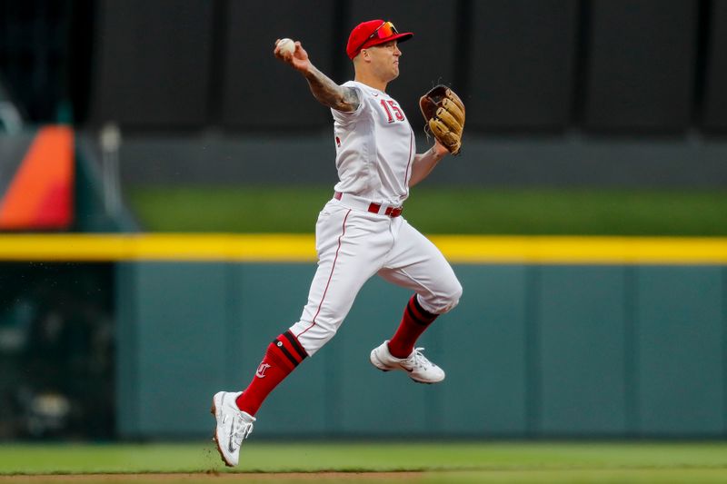 Apr 18, 2023; Cincinnati, Ohio, USA; Cincinnati Reds third baseman Nick Senzel (15) throws to first in attempt to get Tampa Bay Rays center fielder Manuel Margot (not pictured) out in the fifth inning at Great American Ball Park. Mandatory Credit: Katie Stratman-USA TODAY Sports