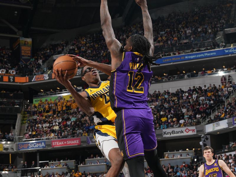 INDIANAPOLIS, IN - MARCH 29: Jalen Smith #25 of the Indiana Pacers drives to the basket during the game against the Los Angeles Lakers on March 24, 2024 at Gainbridge Fieldhouse in Indianapolis, Indiana. NOTE TO USER: User expressly acknowledges and agrees that, by downloading and or using this Photograph, user is consenting to the terms and conditions of the Getty Images License Agreement. Mandatory Copyright Notice: Copyright 2024 NBAE (Photo by Jesse D. Garrabrant /NBAE via Getty Images)