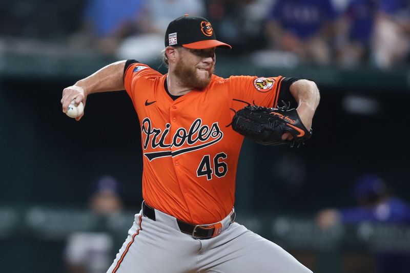 Jul 20, 2024; Arlington, Texas, USA; Baltimore Orioles pitcher Craig Kimbrel (46) throws against the Texas Rangers in the ninth inning at Globe Life Field. Mandatory Credit: Tim Heitman-USA TODAY Sports