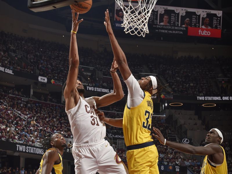CLEVELAND, OH - MAY 4: Jarrett Allen #31 of the Cleveland Cavaliers shoots the ball during the game against the Indiana Pacers  during Round 2 Game 1 of the 2025 NBA Playoffs on May 4, 2025 at Rocket Arena in Cleveland, Ohio. NOTE TO USER: User expressly acknowledges and agrees that, by downloading and/or using this Photograph, user is consenting to the terms and conditions of the Getty Images License Agreement. Mandatory Copyright Notice: Copyright 2025 NBAE (Photo by David Liam Kyle/NBAE via Getty Images)