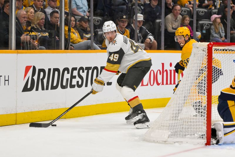 Mar 21, 2026; Nashville, Tennessee, USA; Vegas Golden Knights left wing Ivan Barbashev (49) skates behind the net against the Nashville Predators during the second period at Bridgestone Arena. Mandatory Credit: Steve Roberts-Imagn Images Mar 21, 2026; Nashville, Tennessee, USA; Vegas Golden Knights left wing Ivan Barbashev (49) skates behind the net against the Nashville Predators during the second period at Bridgestone Arena. Mandatory Credit: Steve Roberts-Imagn Images