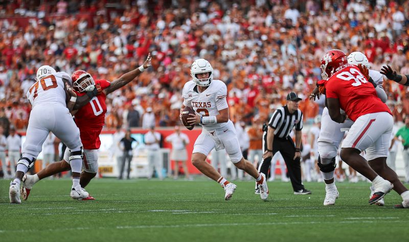 Oct 21, 2023; Houston, Texas, USA;  Texas Longhorns quarterback Quinn Ewers (3) rolls out of the pocket with the ball during the third quarter against the Houston Cougars at TDECU Stadium. Mandatory Credit: Troy Taormina-USA TODAY Sports