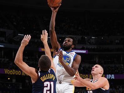 DENVER, CO - NOVEMBER 8: Andrew Wiggins #22 of the Golden State Warriors shoots the ball during the game against the Denver Nuggets on November 8, 2023 at the Ball Arena in Denver, Colorado. NOTE TO USER: User expressly acknowledges and agrees that, by downloading and/or using this Photograph, user is consenting to the terms and conditions of the Getty Images License Agreement. Mandatory Copyright Notice: Copyright 2023 NBAE (Photo by Garrett Ellwood/NBAE via Getty Images)