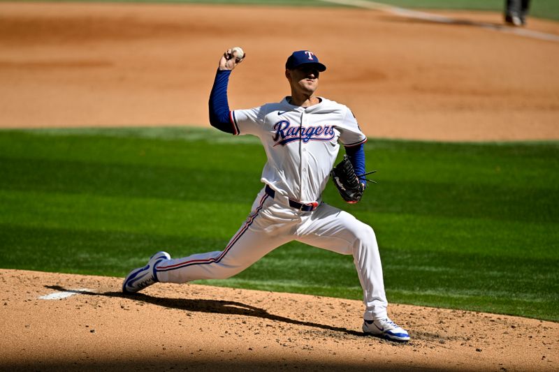 Sep 25, 2025; Arlington, Texas, USA; Texas Rangers starting pitcher Tyler Mahle (51) throws the ball during the fourth inning against the Minnesota Twins at Globe Life Field. Mandatory Credit: Jerome Miron-Imagn Images