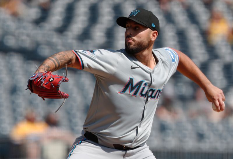 Sep 11, 2024; Pittsburgh, Pennsylvania, USA;  Miami Marlins starting pitcher Jonathan Bermudez (73) delivers a pitch against the Pittsburgh Pirates during the first inning at PNC Park. Mandatory Credit: Charles LeClaire-Imagn Images