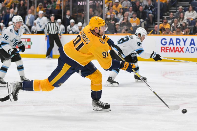 Oct 11, 2025; Nashville, Tennessee, USA;  Nashville Predators center Steven Stamkos (91) takes a shot on goal against the Utah Mammoth during the third period at Bridgestone Arena. Mandatory Credit: Steve Roberts-Imagn Images