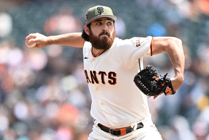 May 21, 2023; San Francisco, California, USA; San Francisco Giants pitcher Ryan Walker (74) throws a pitch against the Miami Marlins during the sixth inning at Oracle Park. Mandatory Credit: Robert Edwards-USA TODAY Sports