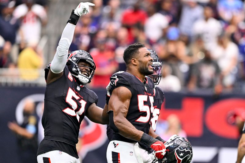 Houston Texans defensive end Danielle Hunter (55) reacts after sacking Indianapolis Colts quarterback Anthony Richardson, not pictured in the fourth quarter of an NFL football game, Sunday, Oct 27, 2024 in Houston. The Texans defeated the Colts 23-20. (AP Photo/Maria Lysaker)