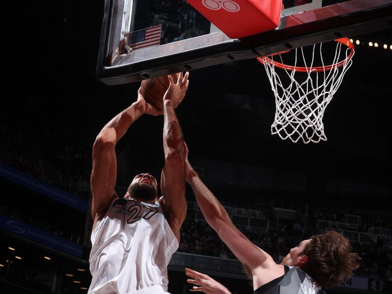 BROOKLYN, NY - APRIL 3:  Rudy Gobert #27 of the Minnesota Timberwolves drives to the basket during the game against the Brooklyn Nets on April 3, 2025 at Barclays Center in Brooklyn, New York. NOTE TO USER: User expressly acknowledges and agrees that, by downloading and or using this Photograph, user is consenting to the terms and conditions of the Getty Images License Agreement. Mandatory Copyright Notice: Copyright 2025 NBAE (Photo by Nathaniel S. Butler/NBAE via Getty Images)
