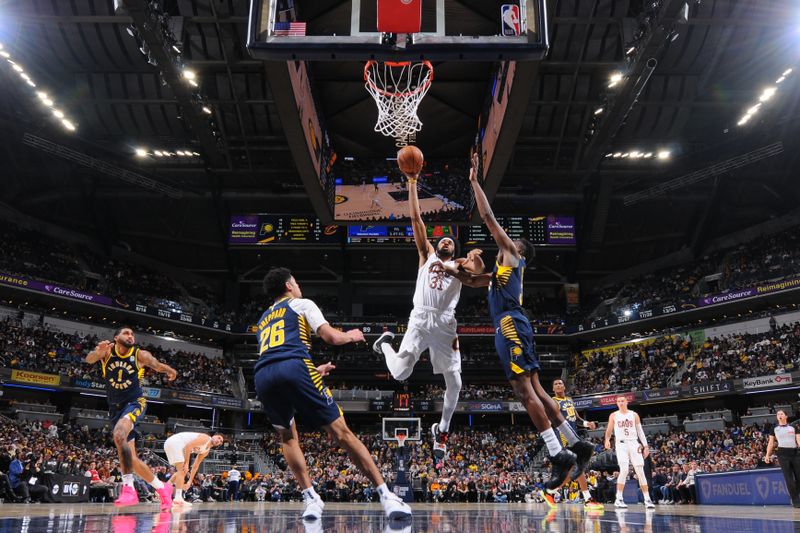 INDIANAPOLIS, IN - JANUARY 14:  Jarrett Allen #31 of the Cleveland Cavaliers drives to the basket during the game against the Indiana Pacers on January 14, 2025 at Gainbridge Fieldhouse in Indianapolis, Indiana. NOTE TO USER: User expressly acknowledges and agrees that, by downloading and or using this Photograph, user is consenting to the terms and conditions of the Getty Images License Agreement. Mandatory Copyright Notice: Copyright 2025 NBAE (Photo by Ron Hoskins/NBAE via Getty Images)
