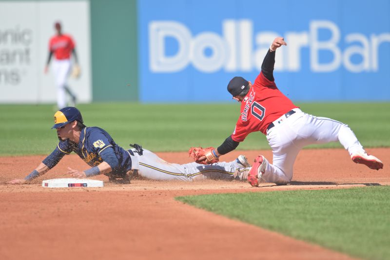 Jun 24, 2023; Cleveland, Ohio, USA; Milwaukee Brewers left fielder Christian Yelich (22) steals second as Cleveland Guardians second baseman Andres Gimenez (0) is late with the tag during the third inning at Progressive Field. Mandatory Credit: Ken Blaze-USA TODAY Sports