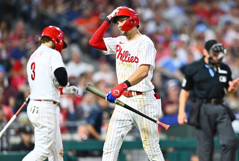 Jul 25, 2023; Philadelphia, Pennsylvania, USA; Philadelphia Phillies shortstop Trea Turner (7) reacts after striking out against the Baltimore Orioles in the sixth inning at Citizens Bank Park. Mandatory Credit: Kyle Ross-USA TODAY Sports