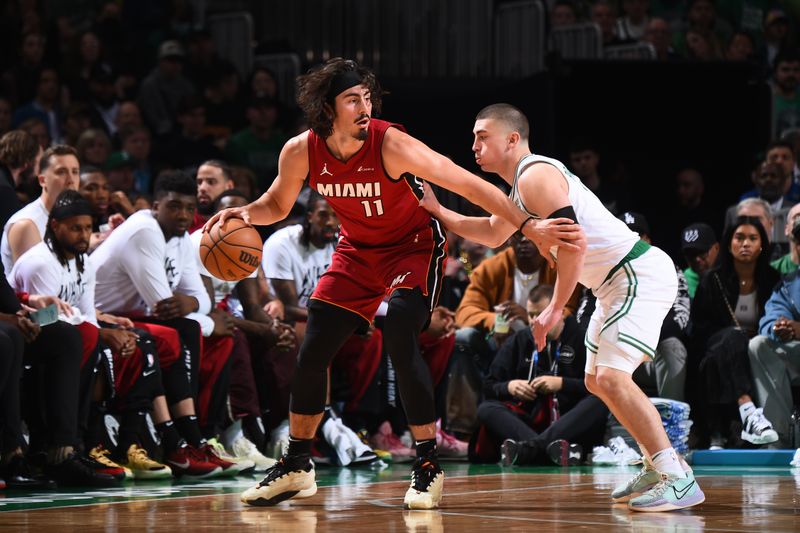 BOSTON, MA - APRIL 21: Jaime Jaquez Jr. #11 of the Miami Heat dribbles the ball during the game against the Boston Celtics during Round 1 Game 1 of the 2024 NBA Playoffs on April 21, 2024 at the TD Garden in Boston, Massachusetts. NOTE TO USER: User expressly acknowledges and agrees that, by downloading and or using this photograph, User is consenting to the terms and conditions of the Getty Images License Agreement. Mandatory Copyright Notice: Copyright 2024 NBAE  (Photo by Brian Babineau/NBAE via Getty Images)