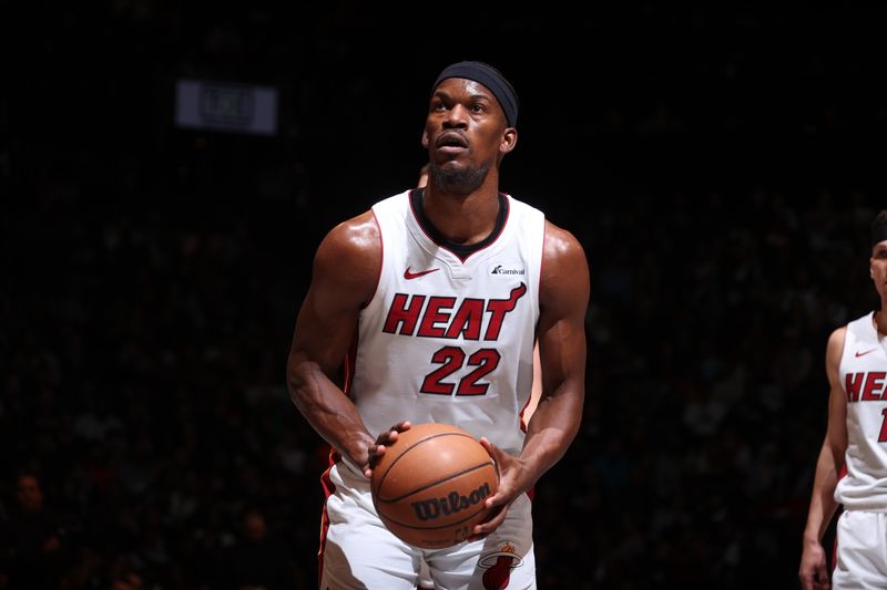 BROOKLYN, NY - JANUARY 15: Jimmy Butler #22 of the Miami Heat prepares to shoot a free throw during the game against the Brooklyn Nets on January 15, 2024 at Barclays Center in Brooklyn, New York. NOTE TO USER: User expressly acknowledges and agrees that, by downloading and or using this Photograph, user is consenting to the terms and conditions of the Getty Images License Agreement. Mandatory Copyright Notice: Copyright 2024 NBAE (Photo by Nathaniel S. Butler/NBAE via Getty Images)