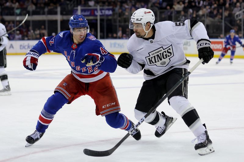 Mar 16, 2026; New York, New York, USA; New York Rangers center Noah Laba (42) skates against Los Angeles Kings defenseman Cody Ceci (5) during the second period at Madison Square Garden. Mandatory Credit: Brad Penner-Imagn Images Mar 16, 2026; New York, New York, USA; New York Rangers center Noah Laba (42) skates against Los Angeles Kings defenseman Cody Ceci (5) during the second period at Madison Square Garden. Mandatory Credit: Brad Penner-Imagn Images