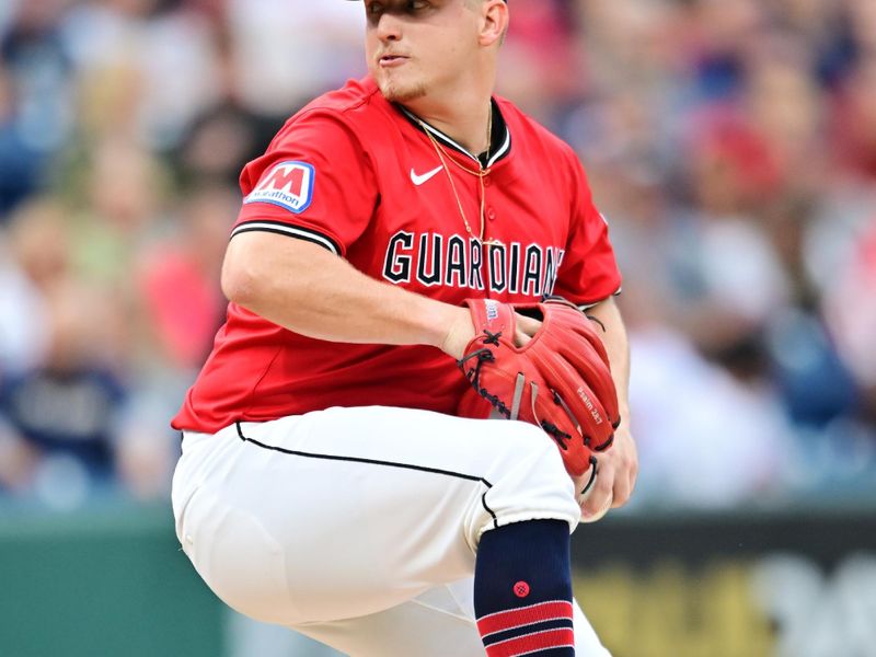Sep 13, 2025; Cleveland, Ohio, USA; Cleveland Guardians starting pitcher Parker Messick (77) throws a pitch against the Chicago White Sox during the first inning at Progressive Field. Mandatory Credit: Ken Blaze-Imagn Images