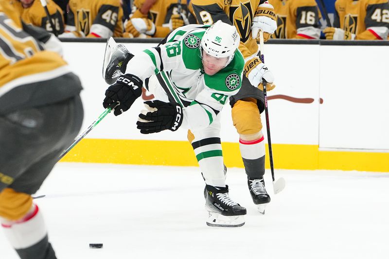 Jan 29, 2026; Las Vegas, Nevada, USA; Dallas Stars right wing Mikko Rantanen (96) skates against the Vegas Golden Knights during the first period at T-Mobile Arena. Mandatory Credit: Stephen R. Sylvanie-Imagn Images