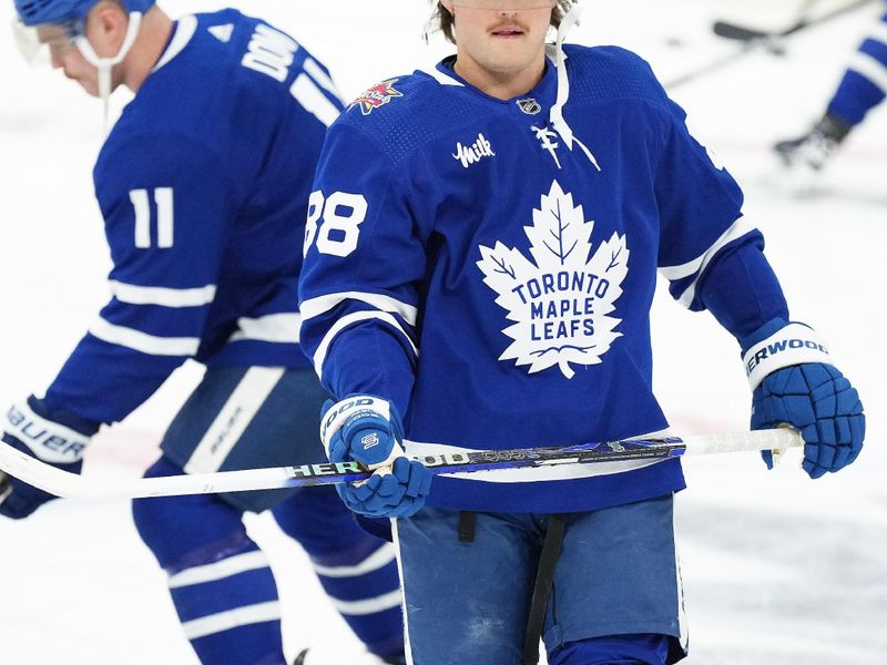 Nov 28, 2023; Toronto, Ontario, CAN; Toronto Maple Leafs right wing William Nylander (88) skates during the warmup before a game against the Florida Panthers at Scotiabank Arena. Mandatory Credit: Nick Turchiaro-USA TODAY Sports