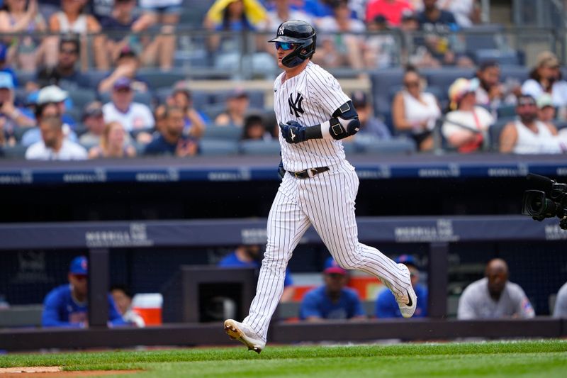 Jul 8, 2023; Bronx, New York, USA; New York Yankees designated hitter Josh Donaldson (28) rounds the bases after hitting a home run against the Chicago Cubs during the second inning at Yankee Stadium. Mandatory Credit: Gregory Fisher-USA TODAY Sports