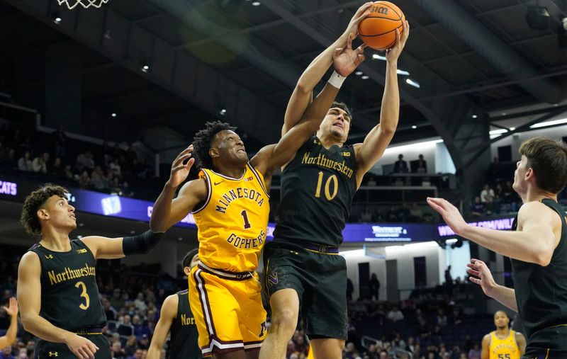 Jan 28, 2023; Evanston, Illinois, USA; Northwestern Wildcats forward Tydus Verhoeven (10) and Minnesota Golden Gophers forward Joshua Ola-Joseph (1) go for a rebound during the first half at Welsh-Ryan Arena. Mandatory Credit: David Banks-USA TODAY Sports