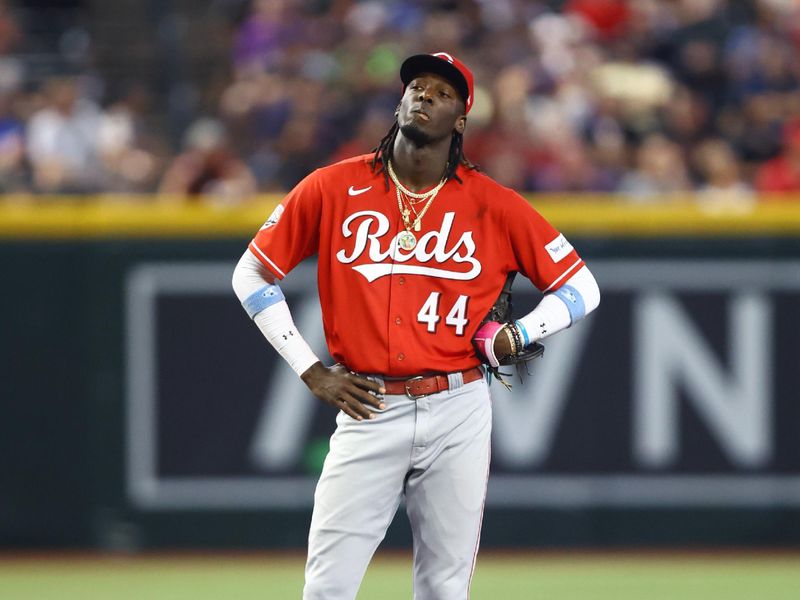 Aug 27, 2023; Phoenix, Arizona, USA; Cincinnati Reds shortstop Elly De La Cruz against the Arizona Diamondbacks at Chase Field. Mandatory Credit: Mark J. Rebilas-USA TODAY Sports