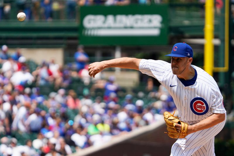 Jul 23, 2023; Chicago, Illinois, USA; Chicago Cubs starting pitcher Jameson Taillon (50) throws the ball against the St. Louis Cardinals during the first inning at Wrigley Field. Mandatory Credit: David Banks-USA TODAY Sports