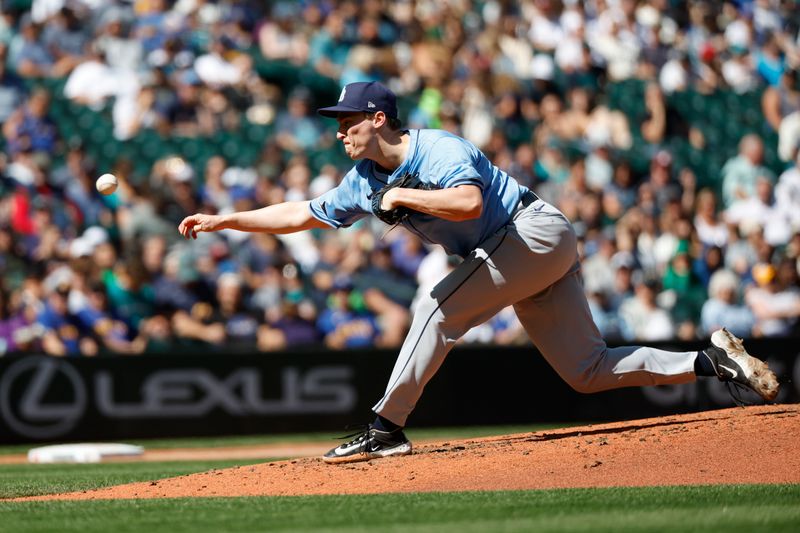 Aug 28, 2024; Seattle, Washington, USA; Tampa Bay Rays relief pitcher Kevin Kelly (49) throws against the Seattle Mariners during the fourth inning at T-Mobile Park. Mandatory Credit: Joe Nicholson-USA TODAY Sports