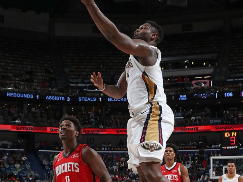 NEW ORLEANS, LA - FEBRUARY 22: Zion Williamson #1 of the New Orleans Pelicans shoots the ball during the game against the Houston Rockets on February 22, 2024 at the Smoothie King Center in New Orleans, Louisiana. NOTE TO USER: User expressly acknowledges and agrees that, by downloading and or using this Photograph, user is consenting to the terms and conditions of the Getty Images License Agreement. Mandatory Copyright Notice: Copyright 2024 NBAE (Photo by Layne Murdoch Jr./NBAE via Getty Images)