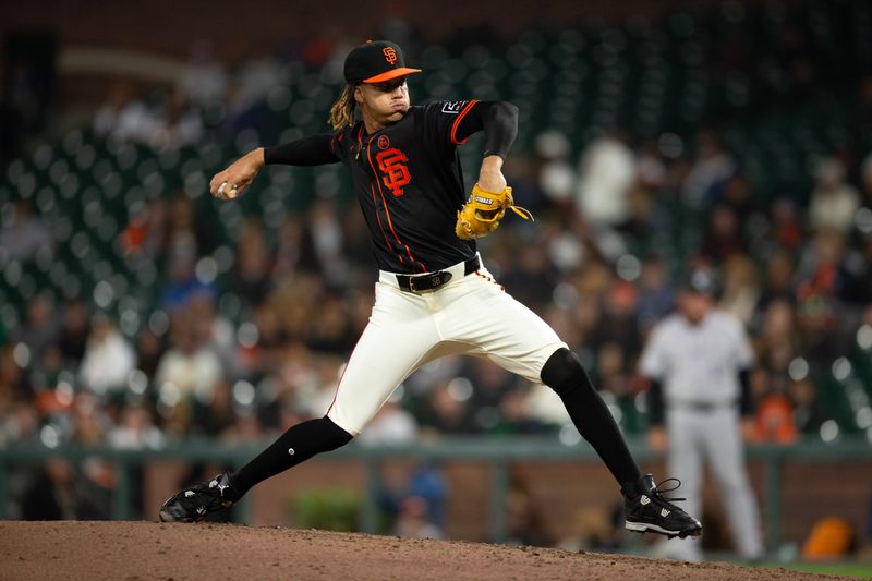 Jul 27, 2024; San Francisco, California, USA; San Francisco Giants pitcher Spencer Bivens delivers a pitch against the Colorado Rockies during the ninth inning at Oracle Park. Mandatory Credit: D. Ross Cameron-USA TODAY Sports