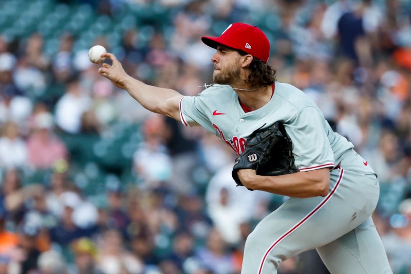 Jun 24, 2024; Detroit, Michigan, USA;  Philadelphia Phillies starting pitcher Aaron Nola (27) pitches in the first inning against the Detroit Tigers at Comerica Park. Mandatory Credit: Rick Osentoski-USA TODAY Sports