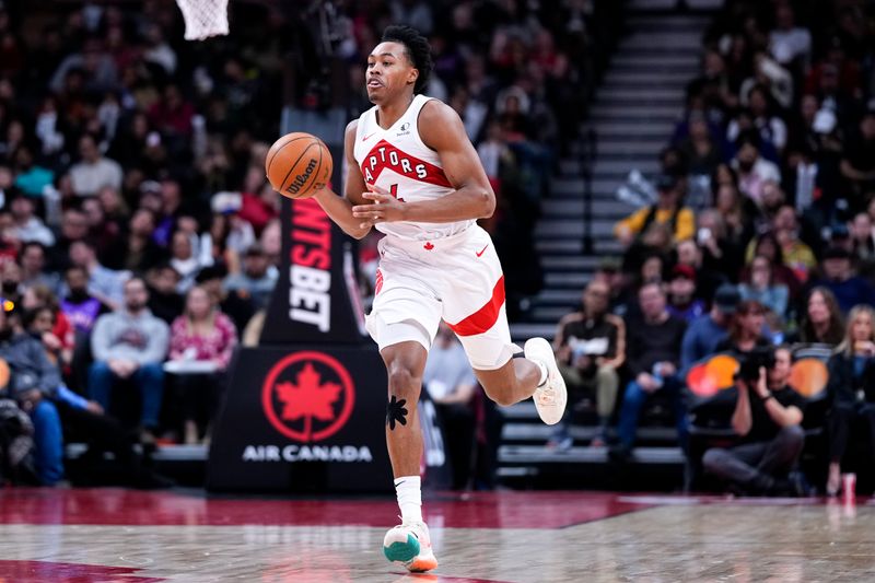 TORONTO, ON - JANUARY 6: Scottie Barnes #4 of the Toronto Raptors moves the ball against the Milwaukee Bucks at the Scotiabank Arena on January 6, 2025 in Toronto, Ontario, Canada. NOTE TO USER: User expressly acknowledges and agrees that, by downloading and/or using this Photograph, user is consenting to the terms and conditions of the Getty Images License Agreement. (Photo by Kevin Sousa/Getty Images)