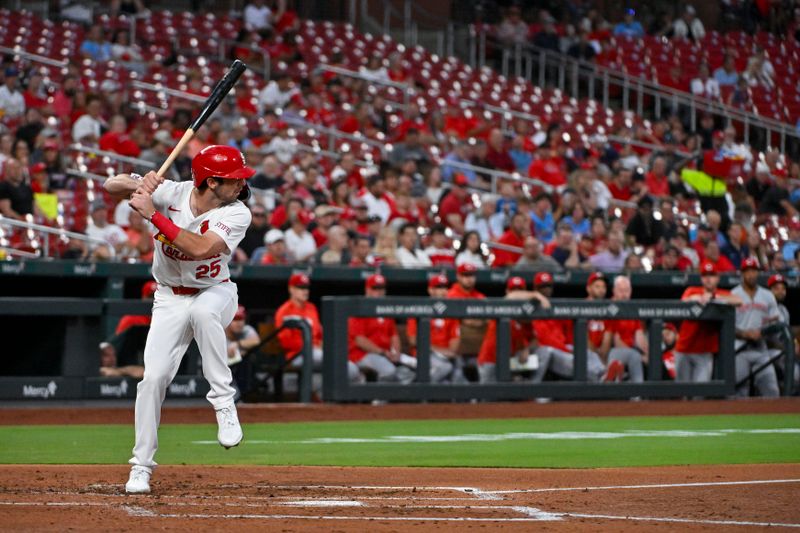 Sep 10, 2024; St. Louis, Missouri, USA;  St. Louis Cardinals shortstop Thomas Saggese (25) bats in his Major League debut during the second inning against the Cincinnati Reds at Busch Stadium. Mandatory Credit: Jeff Curry-Imagn Images