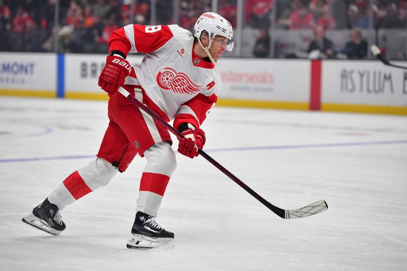 Nov 15, 2024; Anaheim, California, USA; Detroit Red Wings right wing Patrick Kane (88) takes a shot on goal against the Anaheim Ducks during the first period at Honda Center. Mandatory Credit: Gary A. Vasquez-Imagn Images