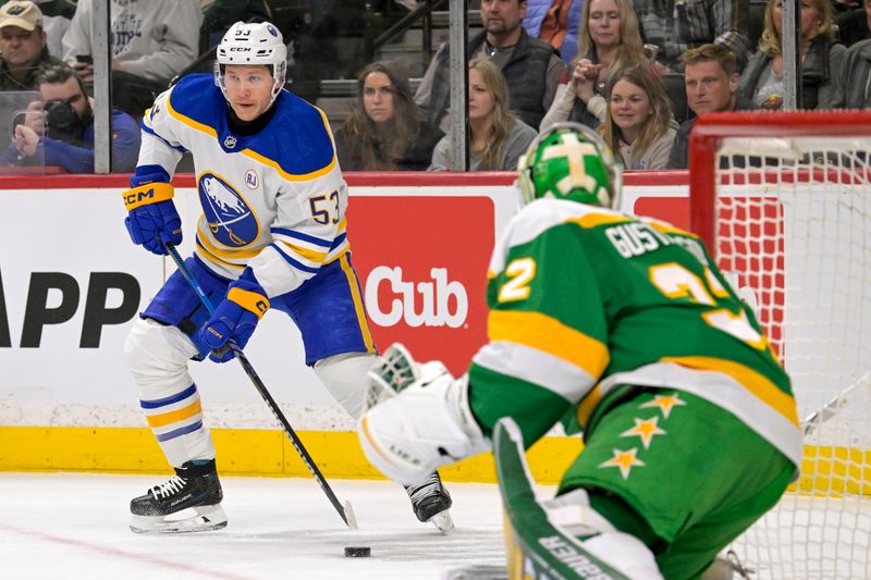 Feb 17, 2024; Saint Paul, Minnesota, USA;  Buffalo Sabres forward Jeff Skinner (53) controls the puck against the Minnesota Wild during the first period at Xcel Energy Center. Mandatory Credit: Nick Wosika-USA TODAY Sports