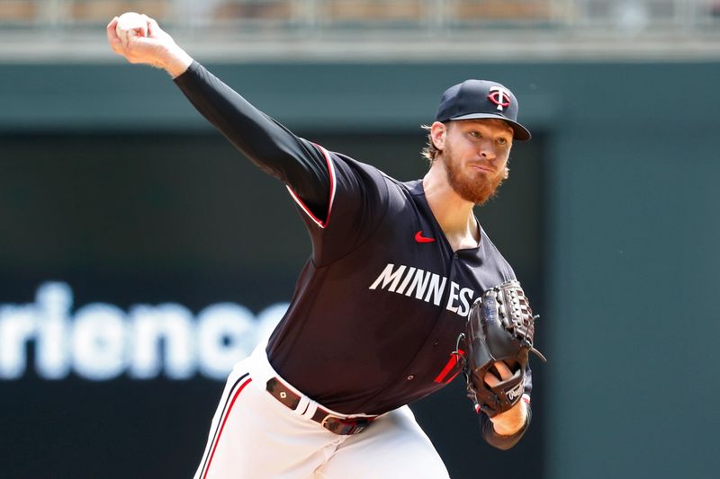 May 11, 2023; Minneapolis, Minnesota, USA; Minnesota Twins starting pitcher Bailey Ober (17) throws to the San Diego Padres in the first inning at Target Field. Mandatory Credit: Bruce Kluckhohn-USA TODAY Sports