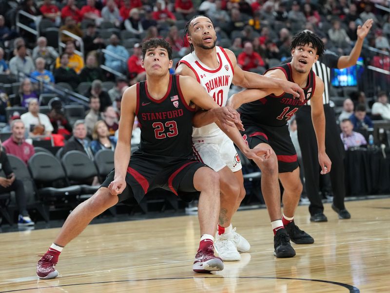 Mar 8, 2023; Las Vegas, NV, USA; Utah Utes guard Marco Anthony (10) is blocked out by Stanford Cardinal forward Brandon Angel (23) and Stanford Cardinal forward Spencer Jones (14) during the second half at T-Mobile Arena. Mandatory Credit: Stephen R. Sylvanie-USA TODAY Sports