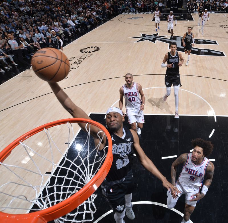 SAN ANTONIO, TX - APRIL 7: Malaki Branham #22 of the San Antonio Spurs dunks the ball during the game against the Philadelphia 76ers on April 7, 2024 at the Frost Bank Center in San Antonio, Texas. NOTE TO USER: User expressly acknowledges and agrees that, by downloading and or using this photograph, user is consenting to the terms and conditions of the Getty Images License Agreement. Mandatory Copyright Notice: Copyright 2024 NBAE (Photos by Michael Gonzales/NBAE via Getty Images)