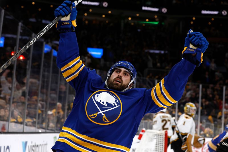 Dec 31, 2022; Boston, Massachusetts, USA; Buffalo Sabres right wing Alex Tuch (89) celebrates his game winning goal against the Boston Bruins during overtime at TD Garden. Mandatory Credit: Winslow Townson-USA TODAY Sports