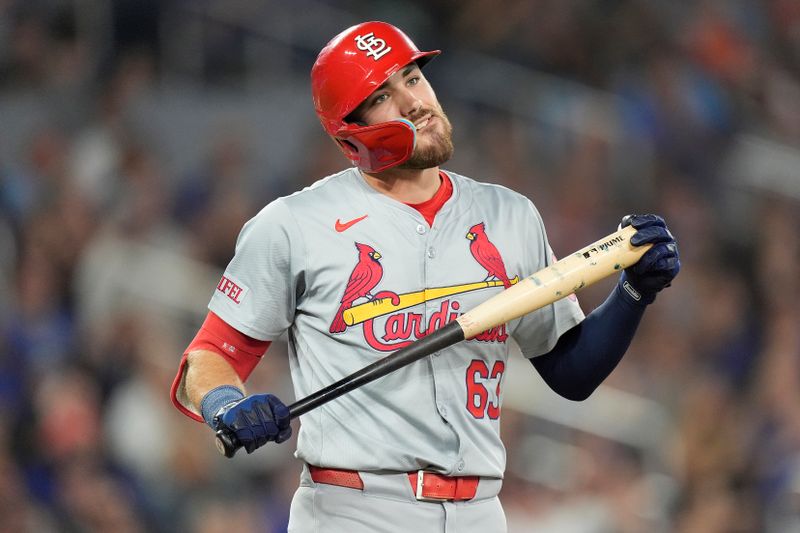 Sep 13, 2024; Toronto, Ontario, CAN; St. Louis Cardinals center fielder Michael Siani (63) reacts after getting out on a line drive back to Toronto Blue Jays starting pitcher Kevin Gausman (not pictured) during the fourth inning at Rogers Centre. Mandatory Credit: John E. Sokolowski-Imagn Images