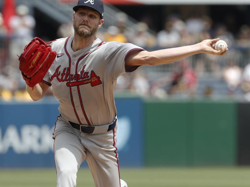 May 26, 2024; Pittsburgh, Pennsylvania, USA;  Atlanta Braves starting pitcher Chris Sale (51) pitches against the Pittsburgh Pirates during the fourth inning at PNC Park. Mandatory Credit: Charles LeClaire-USA TODAY Sports