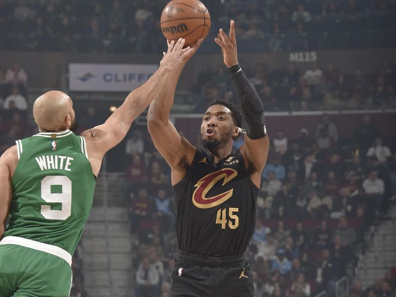 CLEVELAND, OH - FEBRUARY 4:  Donovan Mitchell #45 of the Cleveland Cavaliers shoots the ball during the game against the Boston Celtics on February 4, 2025 at Rocket Mortgage FieldHouse in Cleveland, Ohio. NOTE TO USER: User expressly acknowledges and agrees that, by downloading and/or using this Photograph, user is consenting to the terms and conditions of the Getty Images License Agreement. Mandatory Copyright Notice: Copyright 2025 NBAE (Photo by David Liam Kyle/NBAE via Getty Images)