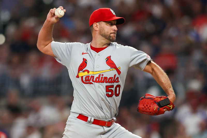 Sep 7, 2023; Atlanta, Georgia, USA; St. Louis Cardinals starting pitcher Adam Wainwright (50) throws against the Atlanta Braves in the fifth inning at Truist Park. Mandatory Credit: Brett Davis-USA TODAY Sports