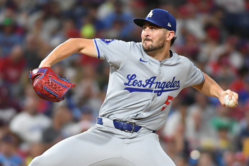 Jul 10, 2024; Philadelphia, Pennsylvania, USA; Los Angeles Dodgers pitcher Alex Vesia (51) throws a pitch during the seventh inning against the Philadelphia Phillies at Citizens Bank Park. Mandatory Credit: Eric Hartline-USA TODAY Sports