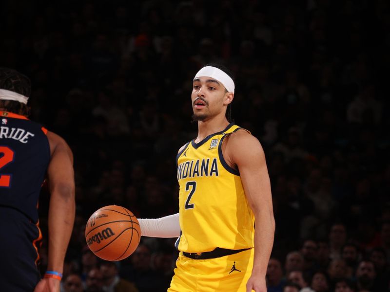 NEW YORK, NY - FEBRUARY 1: Obi Toppin #1 of the Indiana Pacers dribbles the ball during the game against the New York Knicks on February 1, 2024 at Madison Square Garden in New York City, New York.  NOTE TO USER: User expressly acknowledges and agrees that, by downloading and or using this photograph, User is consenting to the terms and conditions of the Getty Images License Agreement. Mandatory Copyright Notice: Copyright 2024 NBAE  (Photo by Nathaniel S. Butler/NBAE via Getty Images)