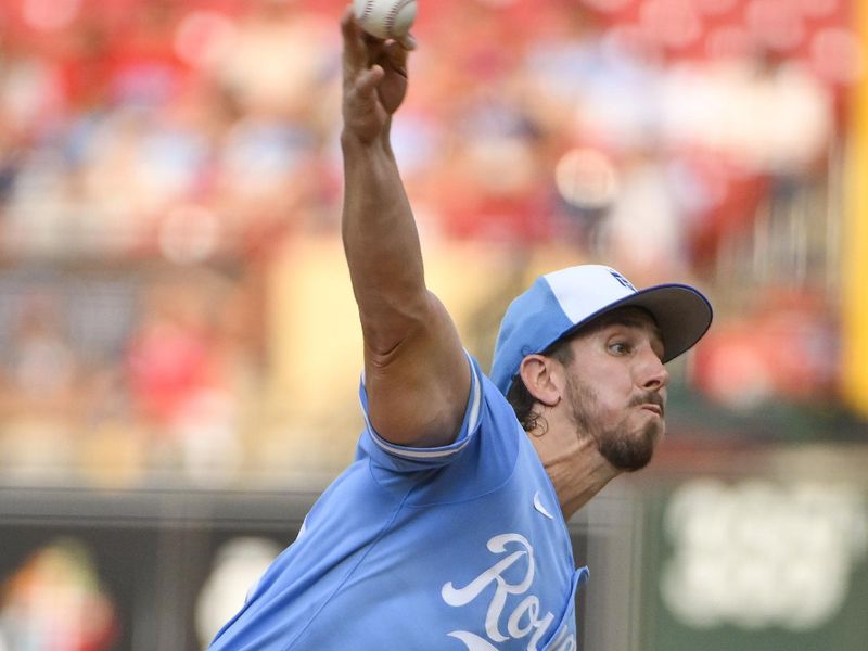 Jun 3, 2025; St. Louis, Missouri, USA;  Kansas City Royals starting pitcher Michael Lorenzen (24) pitches against the St. Louis Cardinals during the first inning at Busch Stadium. Mandatory Credit: Jeff Curry-Imagn Images